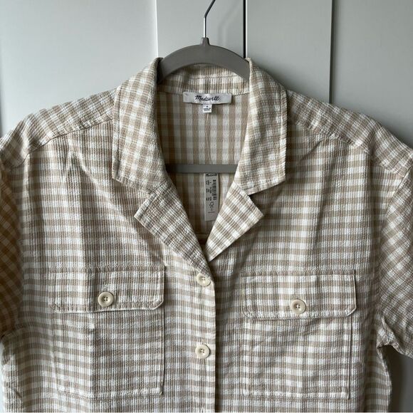 Madewell Camp Checked Gingham Plaid Boxy Gauze Button Down Shirt Tan Small NWT - Picture 8 of 16